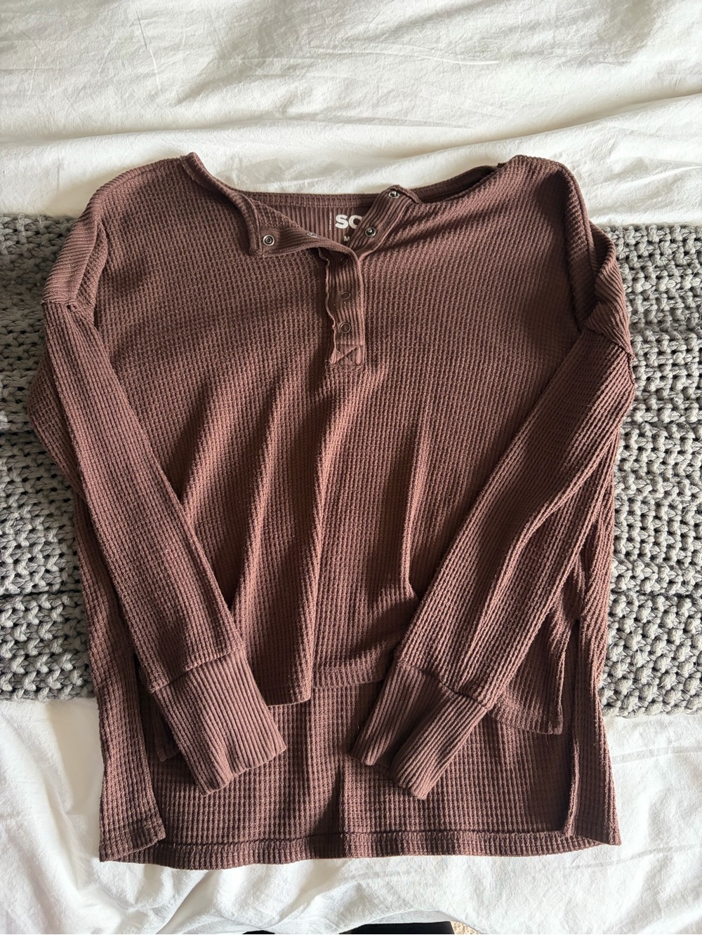 SO Women's Waffle Henley Long Sleeve Top - Brown